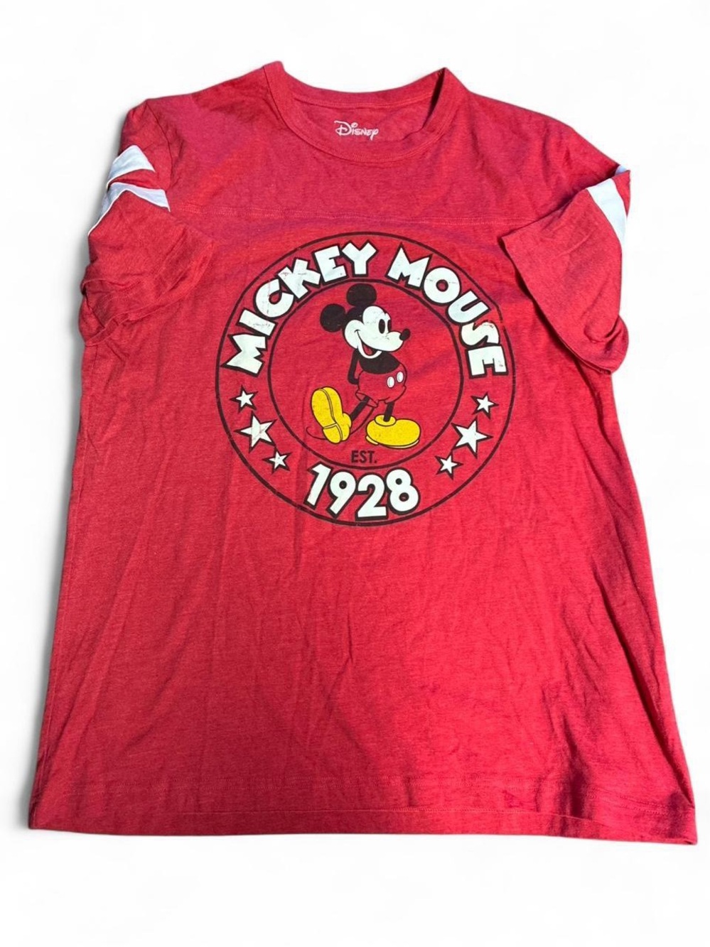 Disney Red Mickey Mouse 1928 Graphic Short Sleeve Tee with White Sleeve Stripes